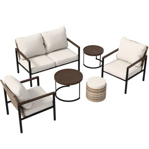 EAGLE PEAK Sunset Dune 6 Piece Collection Modern Outdoor Furniture Set, Patio Wicker Lounge Wood Grain - 1 of 4