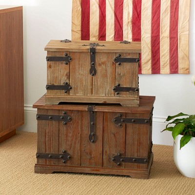 Victorian Style Brown Fir Wood Storage Trunk Set