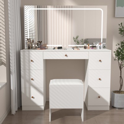 Erommy Modern Makeup Vanity Desk With Stool, USB & Power Outlet, Large Vanity Desk With Led Lighted Mirror & Charger Station