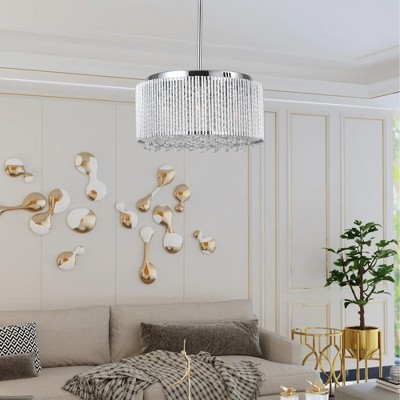 DOMETOUR 16' Crystal Pendant Chandelier with Chrome Finish, 7-Light Drum Fixture for Dining Room, Living Room, Bedroom