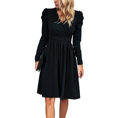 Women's Puff Sleeve Dress Wrap V-Neck Midi Dress Flowy Elegant Party Dresses
