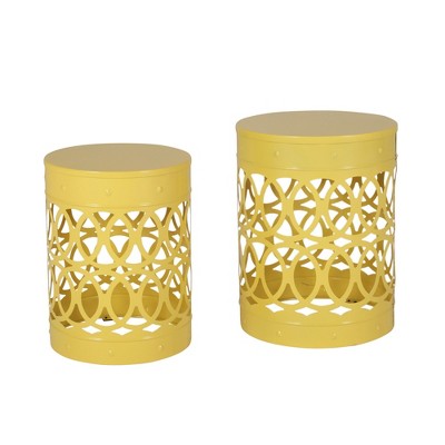 GlasFlength Patio End Tables 2 Pack, Metal Side Table, Round Accent Table with Weather Resistant, Garden Patio Furniture, Yellow 13.75"*13.75"*18"