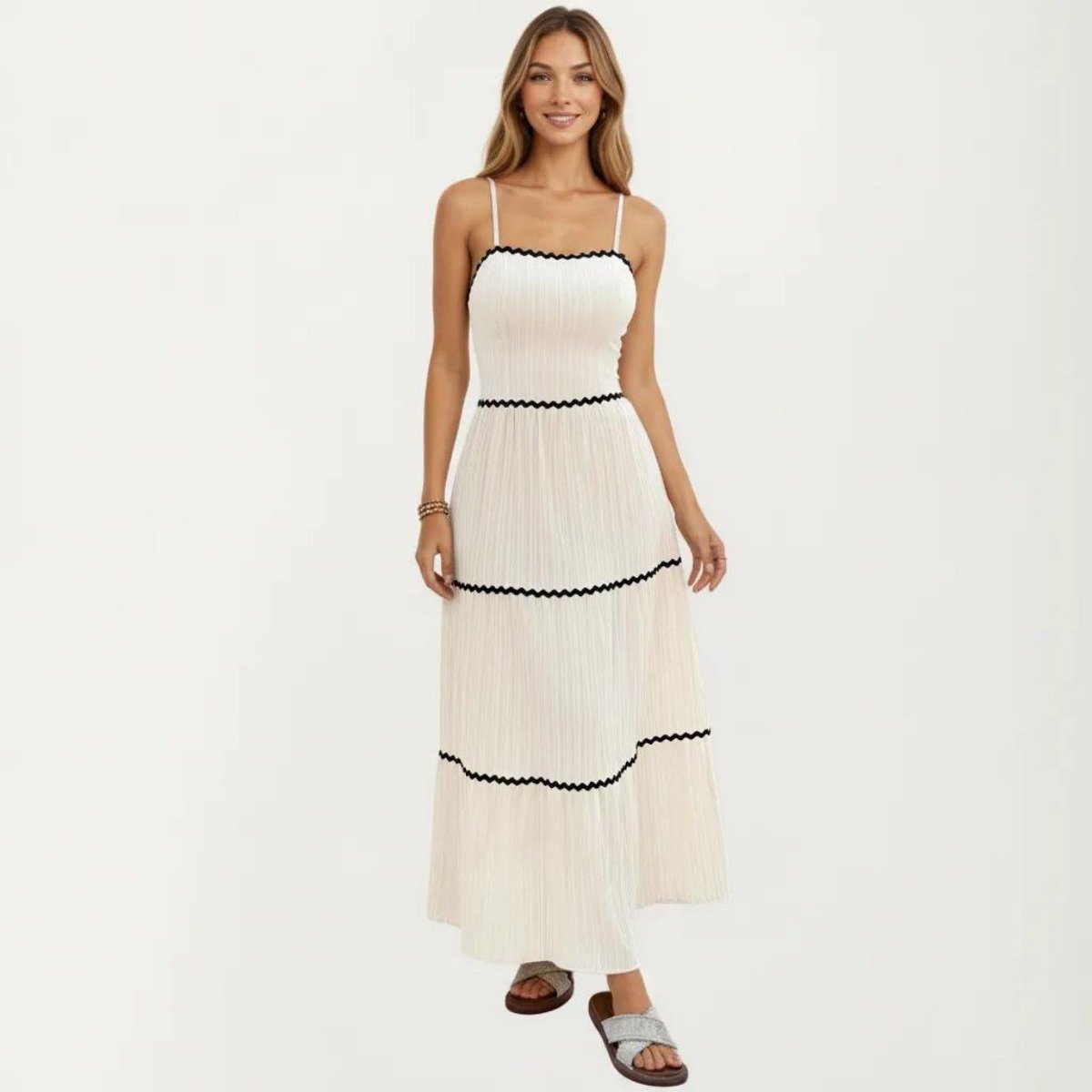 Женские платья Anna-Kaci Women's Sleeveless Pleated Maxi Dress with Spaghetti Straps Contrast Trim Detail and Flowy Tiered Silhouette - Small, Light Beige — фото 2