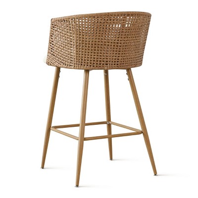 Beige Boucle Upholstered Rattan Counter Stools with Oak Legs, Set of 2