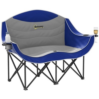 Outsunny Double Camping Chair for Adults, Padded Folding Camp Chair with Armrests, Cup Holders, Blue