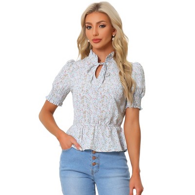 Allegra K Women's Summer Floral Print Ruffle Neck Short Sleeve Peplum Top