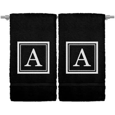 BC BARE COTTON Monogrammed Hand Towel, 100% Turkish Cotton - Set of 2 - Black - White Square