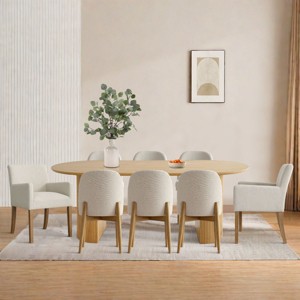 7-piece Dining Room Table Set, Oak Oval Table with 6 Linen Fabric Dining Chair and 2 Captain's Chair with Solid Wood Legs, Dining Room- Maison Boucle - 1 of 4