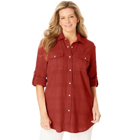 Woman Within Women's Plus Size Cotton Gauze Bigshirt - 38/40, Red Ochre ...