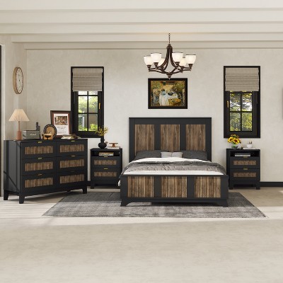 4-Piece Bedroom Sets, Full/Queen Size Farmhouse Platform Bed with Wooden Strip Decoration, Storage Nightstand and Dresser 4B - ModernLuxe