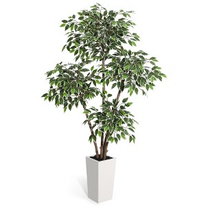 Artificial Ficus Tree,Tall Faux Floor Plant with White Tall Planter -Fake Plants with 3 Natural Trunks - 1 of 4