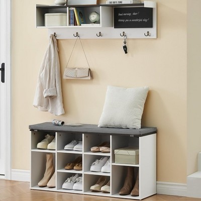 Whizmax Hall Tree Shoe Bench Industrial 6 in 1 Coat/Shoe Rack with 5 Hooks,12 Storage Cubbies with Bookshelf and Small Blackboard,for Entryway,Hallway