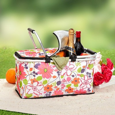 Floral Insulated Picnic Basket with Aluminum Handles
