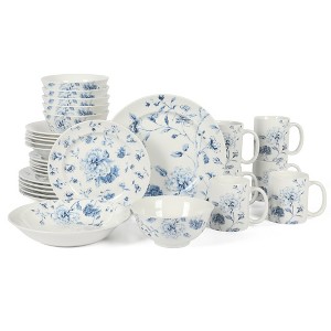 Martha Stewart Empress Bouquet 30-Piece Decorated Porcelain Dinnerware Plates and Bowls Set - Blue Floral - 1 of 4