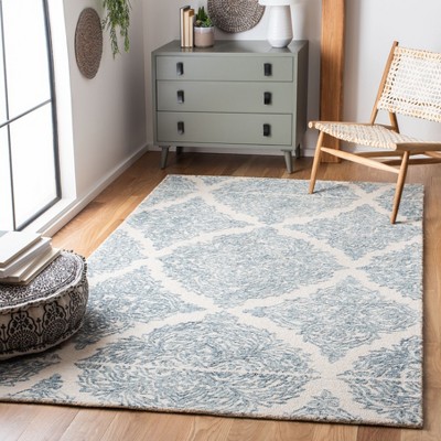 Ivory and Blue Hand-Tufted Wool Abstract Area Rug, 5' x 8'