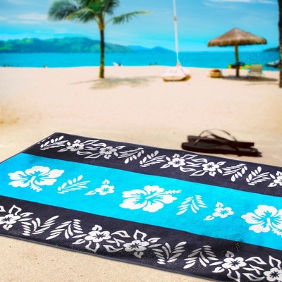 Hibiscus Floral Oversized Blue and Navy Cotton Beach Towel