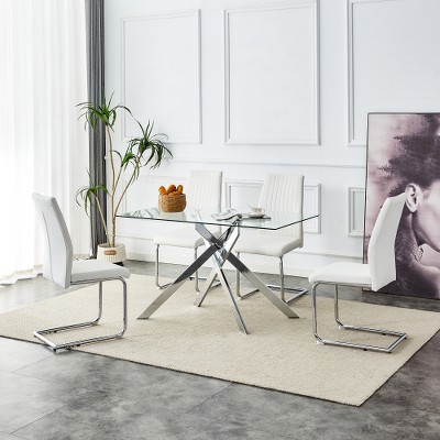 Dolonm  51.18" Rectangular Clear Tempered Glass Dining Table,Stylish Design with Silver Chrome Plated Metal Legs, Dining Table for Dining Room