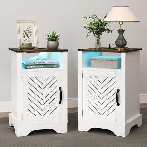 RoyalCraft Farmhouse Nightstand, Wooden End Table Set with LED Lights and Charging Station for Bedrooms or Home Offices, Set of 2, Antique White - 1 of 4