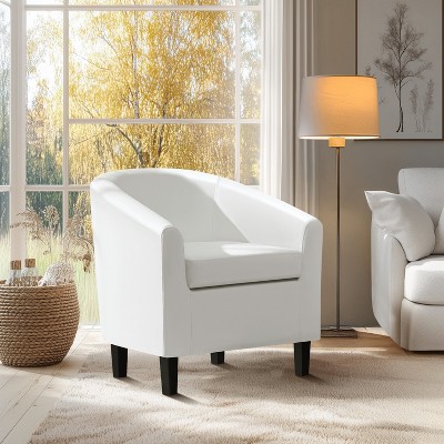 White Faux Leather Barrel Accent Chair with Manufactured Wood Frame