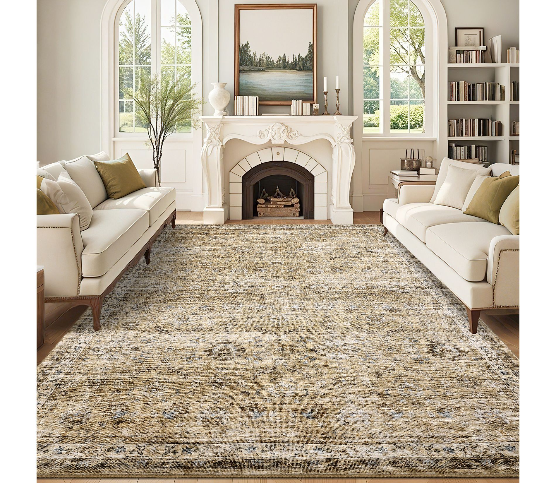 Vintage Area Rug for Living Room, Washable Non Slip Rugs, Low Pile Bedroom Rug for Classroom, Office, Dining Room