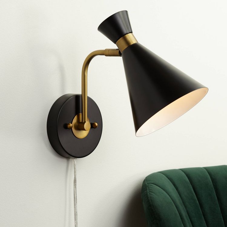 360 Lighting Venice Mid Century Modern Wall Lamp Matte Black Brass Plug-in 6 1/4" Light Fixture Adjustable Metal Cone Shade for Bedroom Living Room, 2 of 9