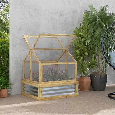 Natural Fir Wood Raised Garden Bed with Polycarbonate Greenhouse