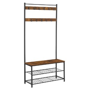 VASAGLE Coat Rack, Hall Tree with Shoe Storage Bench, Entryway Bench with Shoe Storage, 3-in-1, Steel Frame, Rustic Brown and Black - 1 of 4