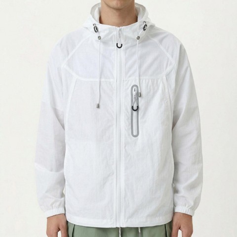 Alilang Men's Lightweight Windbreaker Jacket with Hood Full Zip Closure Drawstring Detail and Zipper Chest Pocket Design - X Large, White