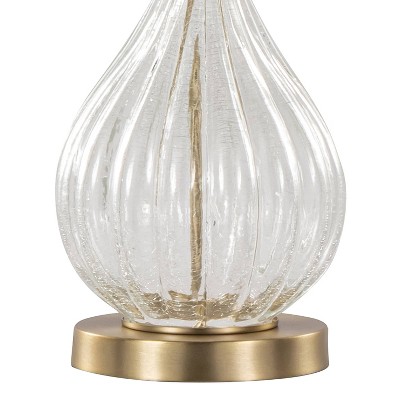 Set of 2 Gold and Clear Crackle Glass Table Lamps with White Linen Shades