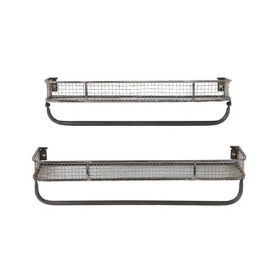Gray Iron Floating Wall Shelves with Hanging Bar, Set of 2