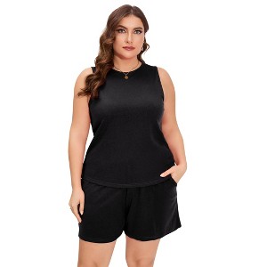 Plus Size Two Sets Outfits For Women Round Neck Sleeveless Crop Tops Casual With Shorts - 1 of 4