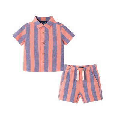 Andy & Evan  Infant Coral & Blue Striped Buttondown Set
