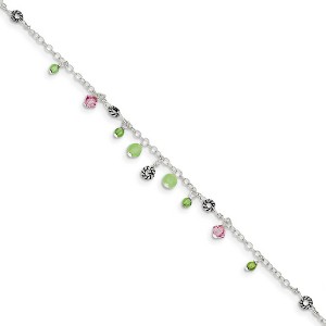 Black Bow Jewelry Sterling Silver Pink Crystal, Green Quartz And Peridot Anklet, 9 Inch - 1 of 4
