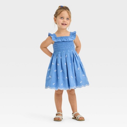 Toddler Girls Chambray Embroidered Dress Cat Jack Blue 4t