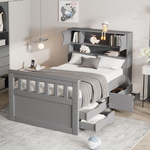 CAVINAS Twin Size Platform Bed Modern Wooden Bed Frame with Storage Headboard, Open Shelf and 4 Storage Drawers for Bedroom - 1 of 4