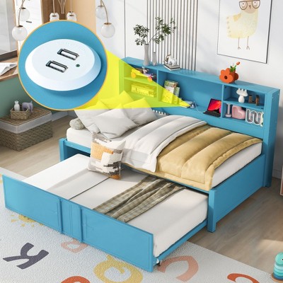 NicBex Metal Twin Size Daybed with Twin Size Trundle,Storage Shelves and USB Ports for Bedroom,Living Room,Apartment