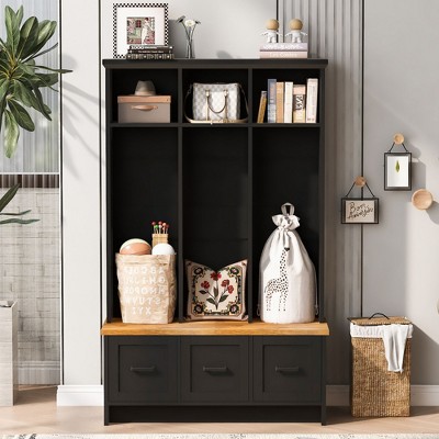 CAVINAS Hall Tree with Shoe Bench Modern Coat Rack with Top Shelves and Storage Drawers for Entryway
