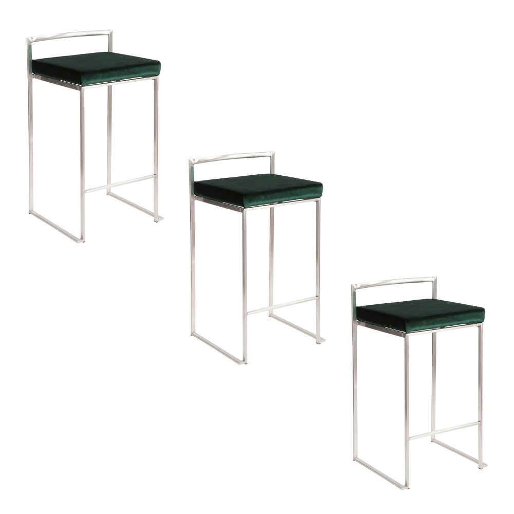 LumiSource Set of 3 Fuji Stacker Counter Height Barstools Stainless Steel/Green
