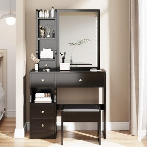 Vanity Desk Set, Makeup Table With Cushioned Stool, Right Sliding Mirror, Multi Layer Open Storage Shelf, Drawers, Makeup Vanity For Women Girl - 1 of 4