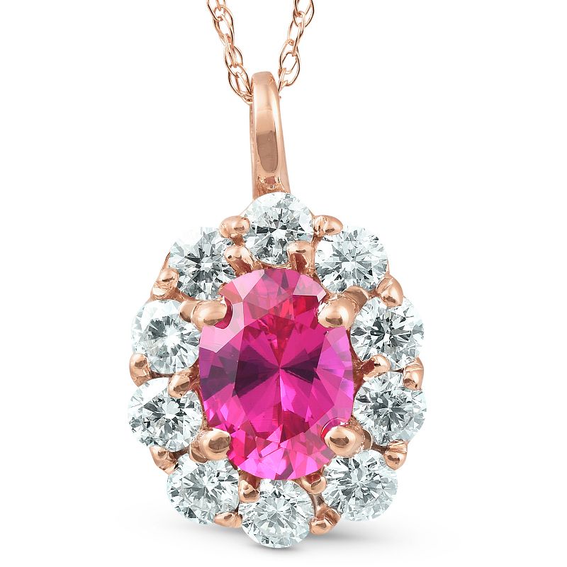 Pompeii3 1 3/4ct Pink Sapphire & Genuine Diamond Halo Pendant 14K Rose Gold, 1 of 4