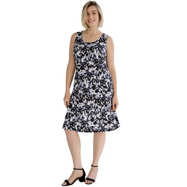 Plus Size Women's Stretch Jersey Knit Sleeveless Scoop Neck Fit and Flare Dress by Ellos in Black Blue Lake Abstract (Size 5X)