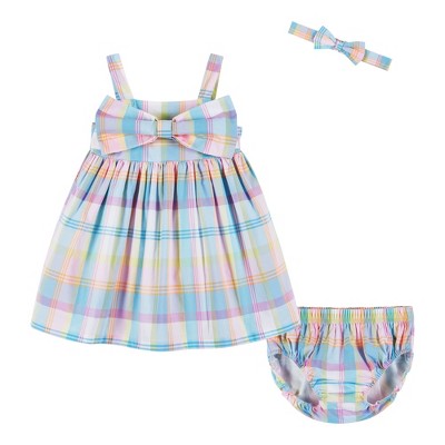 Image of Andy & Evan Infant  Girls Multi Plaid Babydoll Dress White, Size 9-12 Months.