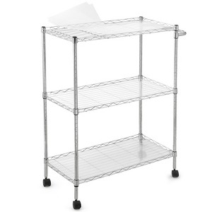 Three-tier adjustable kitchen trolley with wheels, commercial-grade steel, featuring a metal mesh frame and handles; mobile kitchen storage rack. - 1 of 4