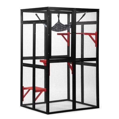 COZIWOW Outdoor Cat Safe House Enclosure, Wooden Catio Weatherproof Shelter with Window Access, Kitty Cage with 3 Platforms and Hammock, Gothic