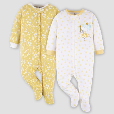 Image of Gerber Baby 2pk Fairy Garden Zip-Front Sleep N' Play - White/Yellow 0-3M