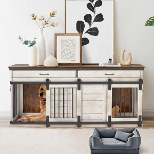 Erommy 72" Wood Dog Crate Furniture Indoor with Divider, Dog Crate End Table with 2 Drawers for Large Breeds, White - 1 of 4