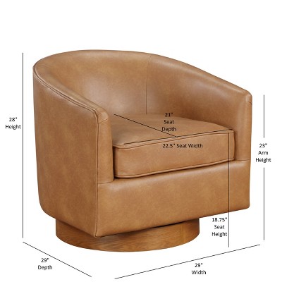 Saddle Brown Faux Leather Wood Swivel Barrel Chair