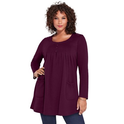 Roaman's Women's Plus Size Long-sleeve Two-pocket Soft Knit Tunic - 3x,  Dark Berry : Target