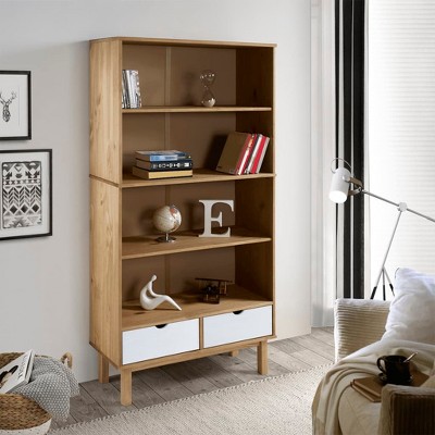 vidaXL Bookcase OTTA with 2 Drawers Brown and White Solid Wood Pine