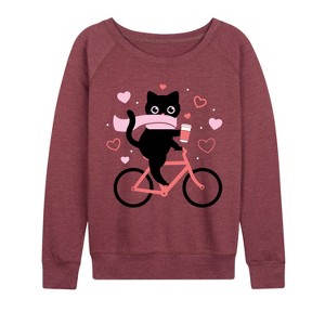 Women's - Instant Message - Cat On Bike Hearts Lightweight French Terry Wide Neck Long Sleeve Graphic Shirt - 1 of 4